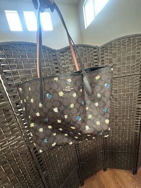 Coach Brown Signature Floral Tote with Black Trim